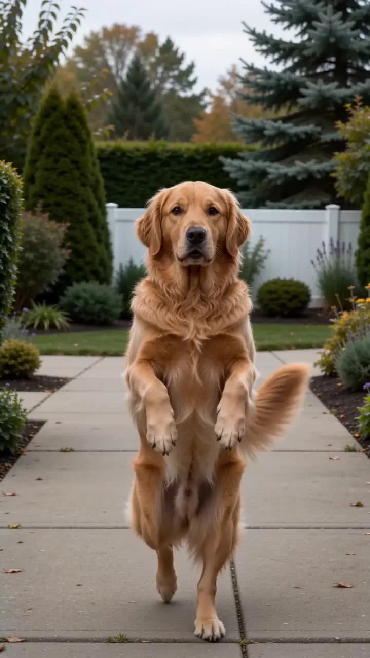 黃金獵犬在花園小徑上直立站著