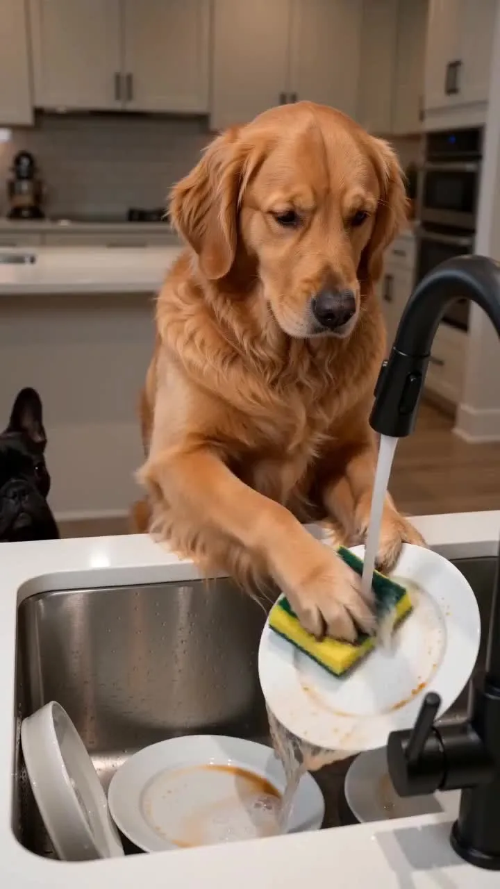 黃金獵犬在廚房水槽邊洗盤子
